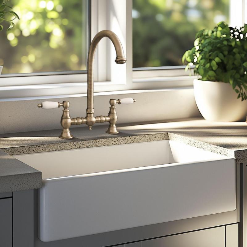 PB Носталгичен кухненски смесител в бронзов цвят с кръгъл чучур и бели ръкохватки PBN.BRO.R.WH