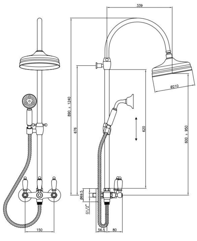 PB класически комплект за душ с телескопична колона за душ и душ с дъждовна функция, бронзов цвят 1208854882