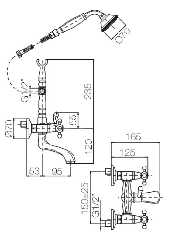 PB класически комплект за монтаж на кран за вана с топки за сила от неръждаема стомана, включително ръчен душ 1208855172