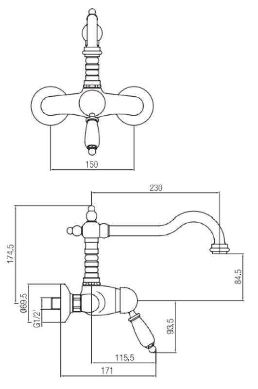 PB Носталгичен смесител за стенен монтаж с бяла ръкохватка, Бронз