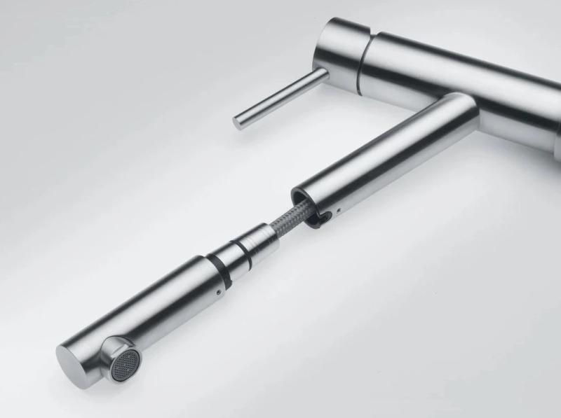 Franke Orbit Нисък кухненски смесител с издърпващ се чучур, неръждаема стомана 115.0569.461