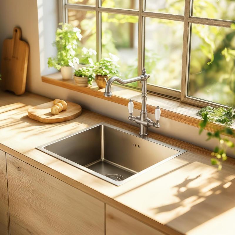 PB Носталгичен класически провинциален кухненски смесител от неръждаема стомана с бели дръжки 1208953915