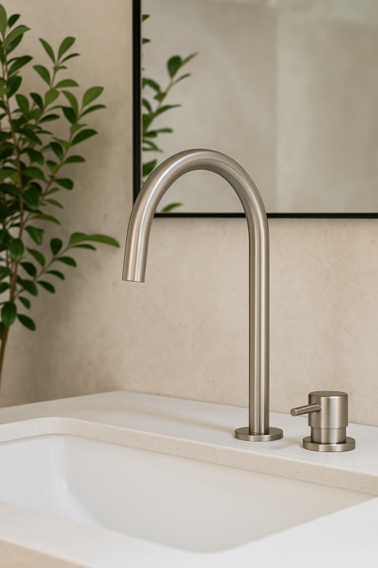 Waterevolution Flow 2-отворен смесител за умивалник, изцяло от неръждаема стомана, с висок U 200 mm излив T1122UIE