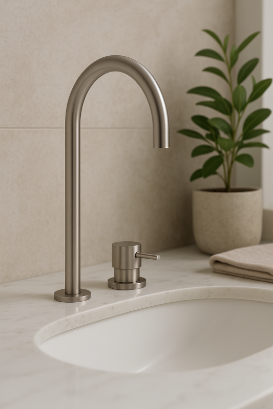 Waterevolution Flow 2-отворен смесител за умивалник, изцяло от неръждаема стомана, с висок U 200 mm излив T1122UIE