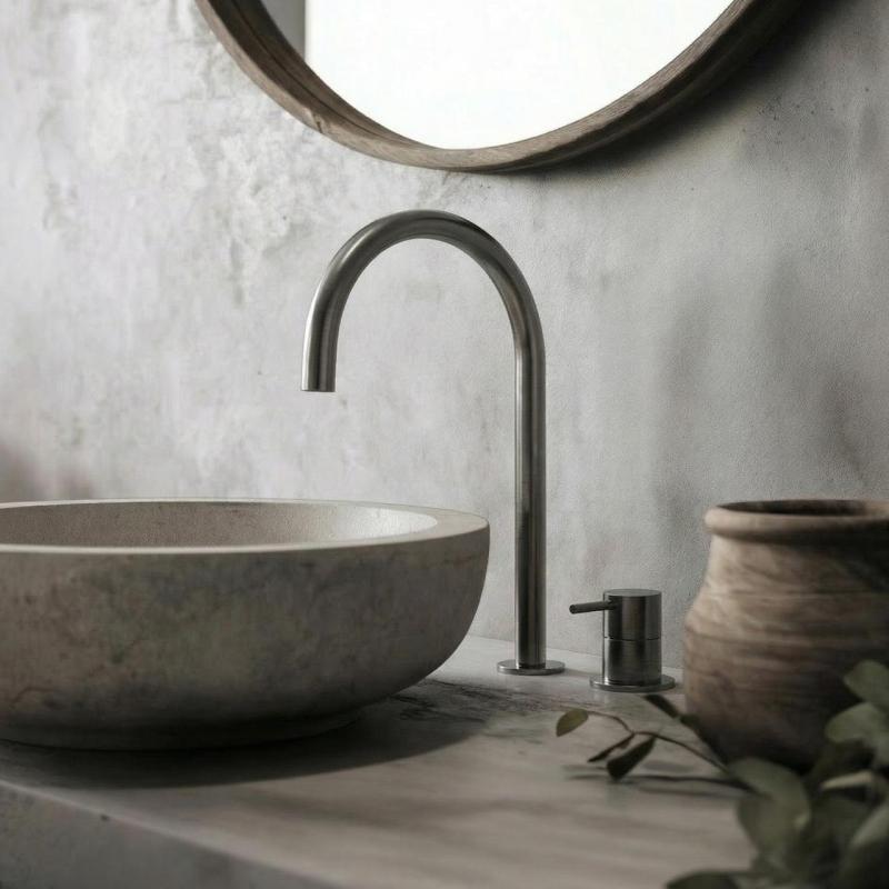 Waterevolution Flow 2-отворен смесител за умивалник PVD Gun Metal с висок U 200 mm излив T1122UGME