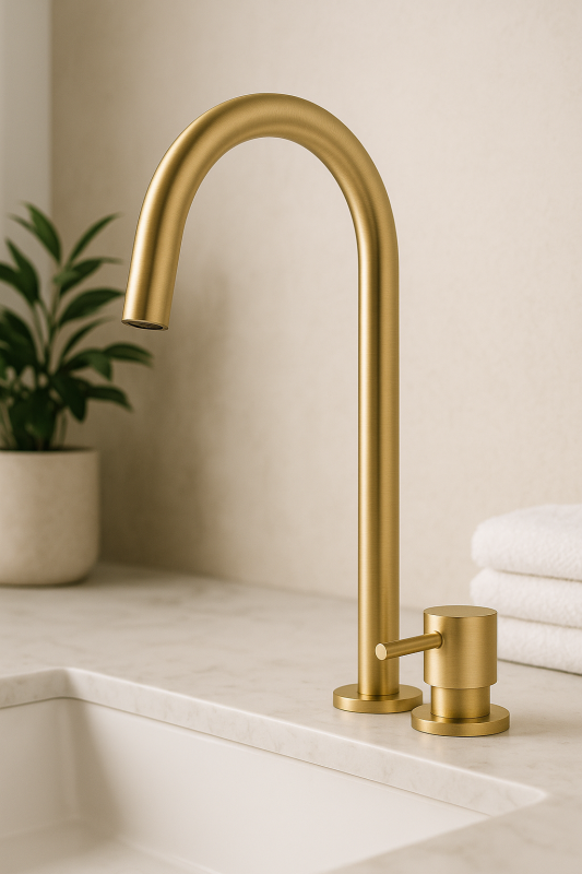 Waterevolution Flow 2-отворен смесител за умивалник с висок U 200 mm излив Light Gold T1122UWGE