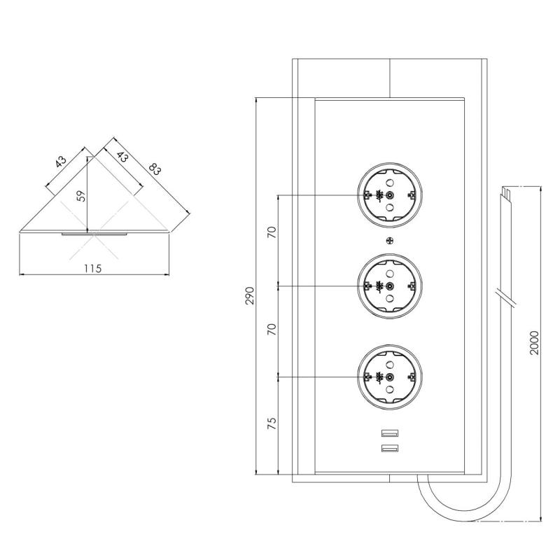 Indux Corner Енергиен стълб с 3 контакта, заземен и двойно USB-A&amp;C зарядно устройство, черен 1208955899