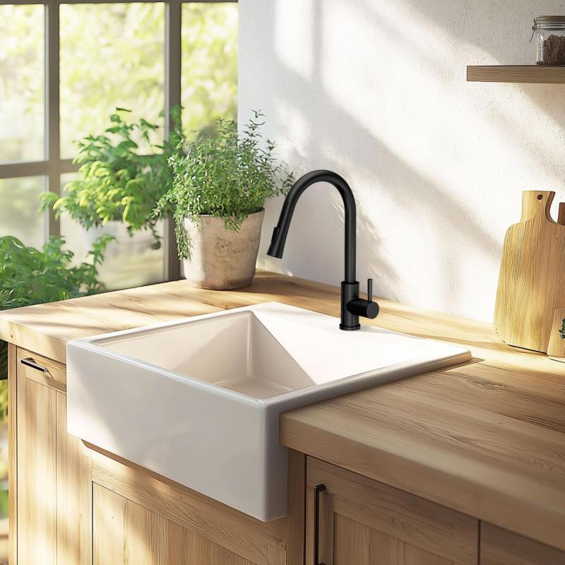 Quadri Leeds Кухненски смесител с издърпващ се душ с 2 режима, матирано черно 1208955907