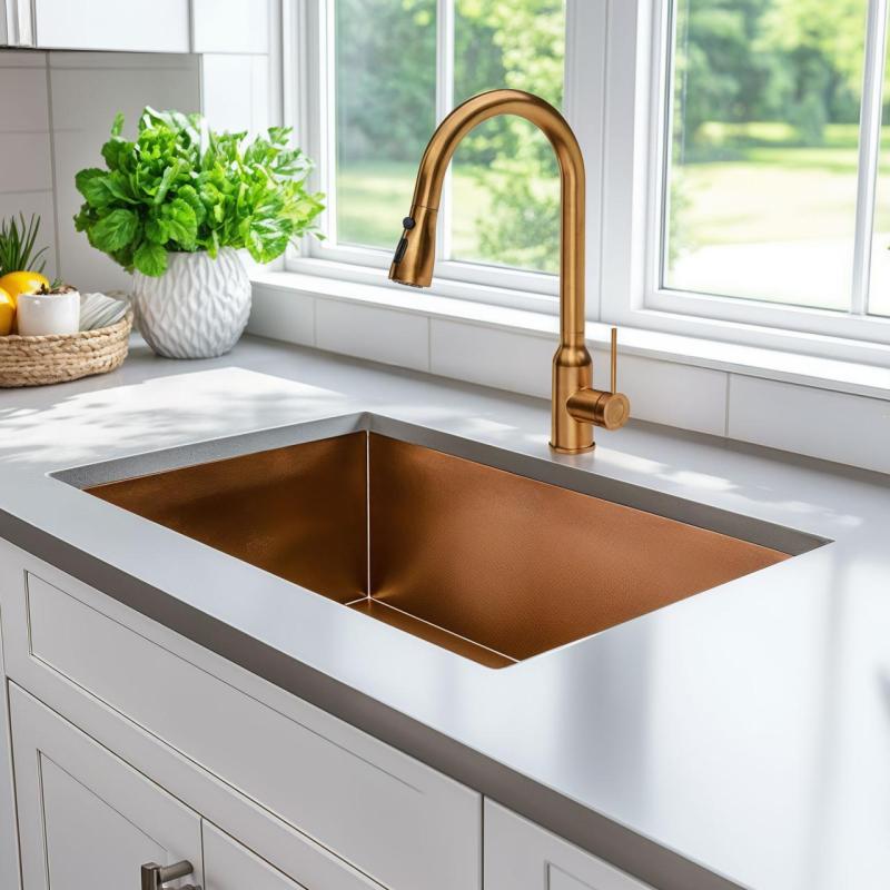 Quadri Stamford Кухненски смесител с изтеглящ се чучур и душ функция, меден 1208956094