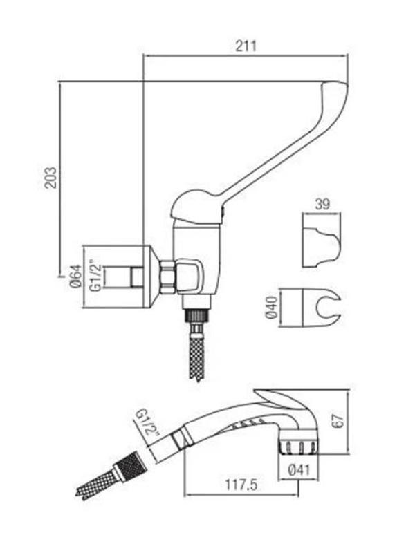 PB Clinic душов смесител за хора с увреждания с дълга ръкохватка в хром и ръчен душ с щипка 1208956283