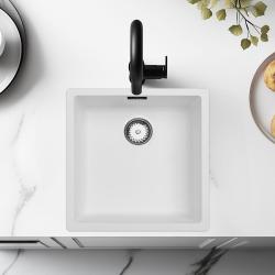 Синтетична бяла мивка 40x40 см за монтаж под, над и на нивото на плота с цедка от неръждаема стомана 1208956392