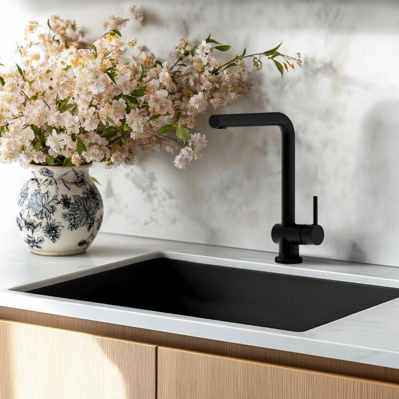 Синтетична мивка Black 50x40 см за монтаж под, над и на нивото на плота с цедка от неръждаема стомана 1208956395