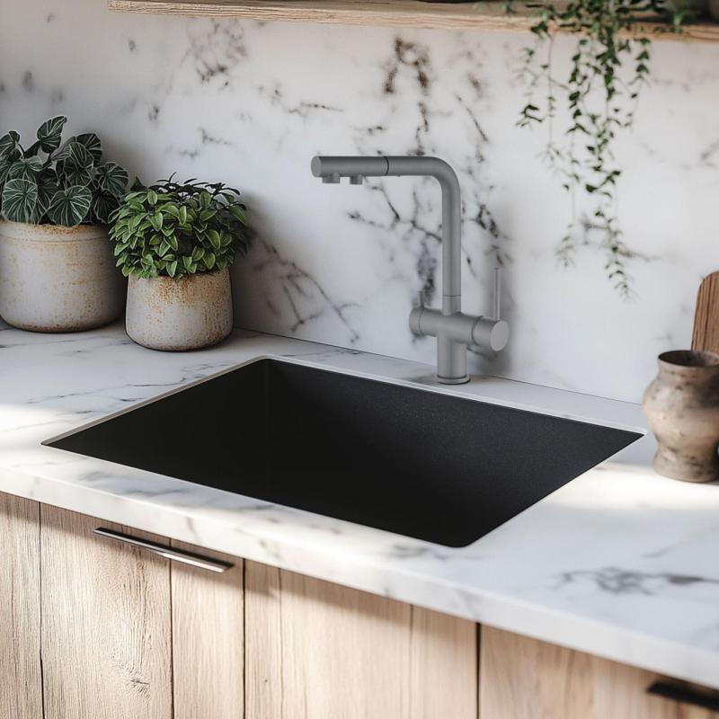 Черна мивка 50x40 см за монтаж под, над и на нивото на плота черна цедка 1208956396