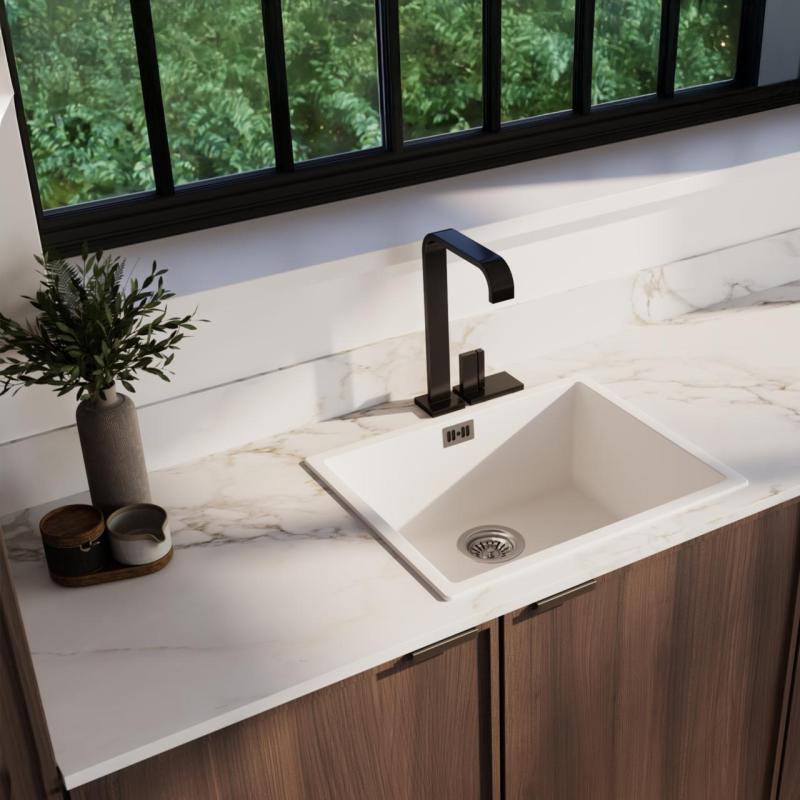 Бяла синтетична мивка 50x40 см за монтаж под, над и на нивото на плота с цедка от неръждаема стомана 1208956397