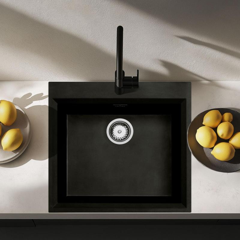 Черна надградна мивка 58x53cm с отвор за кран и запушалка от неръждаема стомана 1208956732