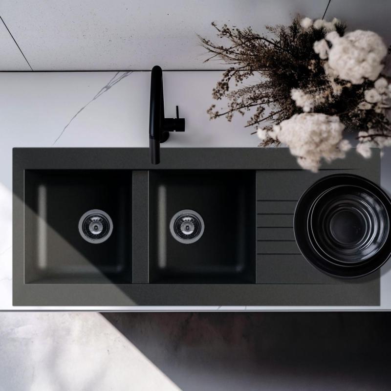 Ausmann Fibre двойна черна синтетична обръщаема мивка с отцедник 116x50 см 1208956787