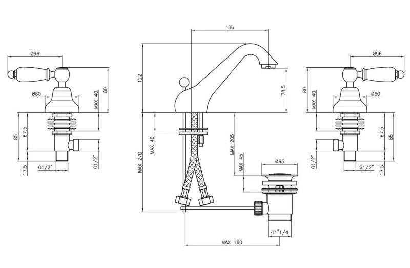 PB класически кран 3 отвора нисък кран за мивка Бели дръжки Бронз 1208956907