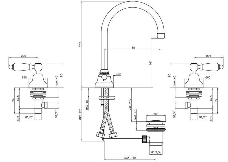 PB класически чешмичка с 3 отвора за мивка Бели дръжки с кръгъл излив от неръждаема стомана 1208956914