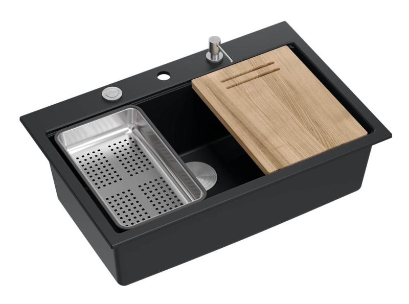 Quadri матово черен твърд гранит за монтаж над нивото на плота 76x50 см с аксесоари 1208957201