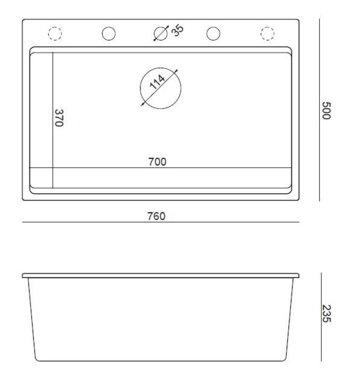 Quadri матово черен твърд гранит за монтаж над нивото на плота 76x50 см с аксесоари 1208957201