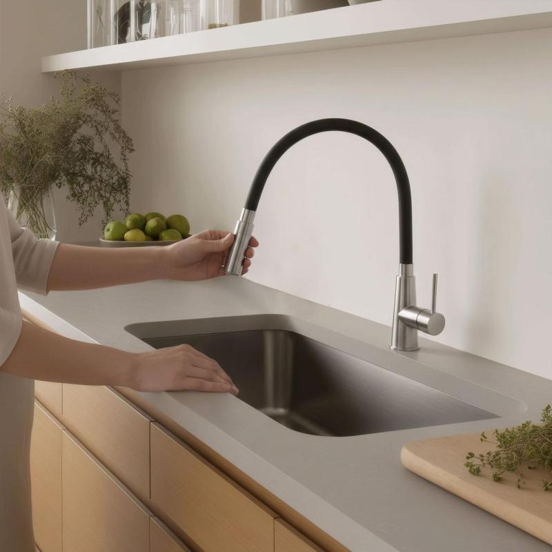 Quadri Preston Кухненски смесител от неръждаема стомана с 2 режима на работа, гъвкав черен чучур1208957228