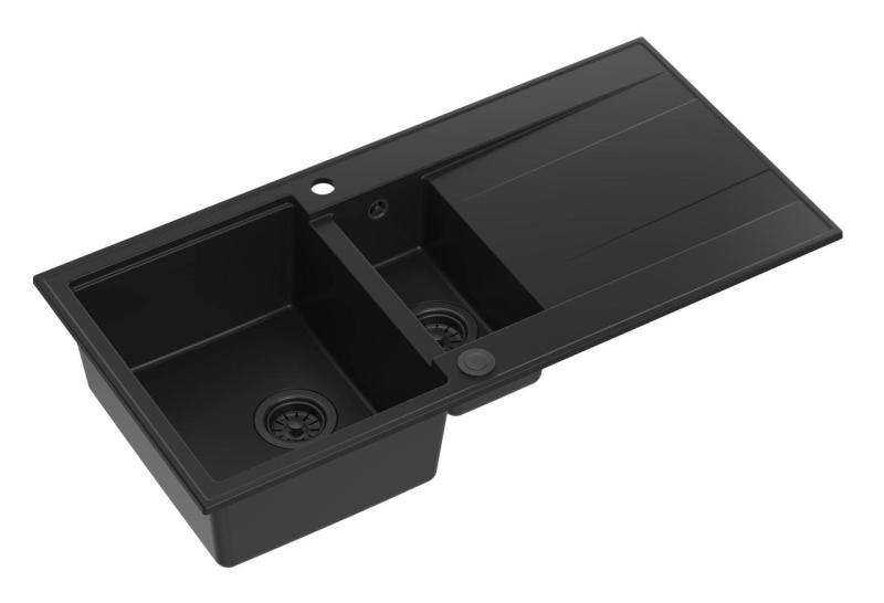 Quadri Luton черна гранитна мивка за монтаж над нивото на плота 1,5 с обръщаем отцедник 100x50 см с черна цедка 1208957329
