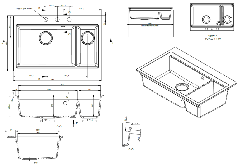 GraniteMy Limited 1.5 гранитна мивка за монтаж под и над нивото на плота, черна, вкл. аксесоари 76x48 см 1208957389