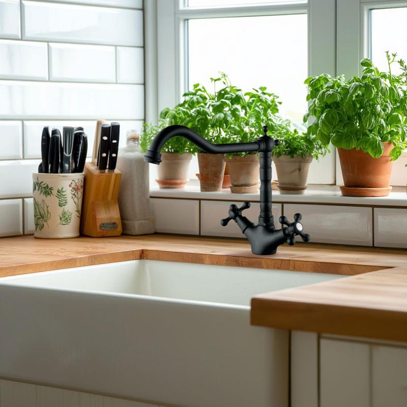 AquaTrimo Windsor Класически кухненски смесител с носталгичен дизайн и винтидж чучур, матово черен 21WS7531SW