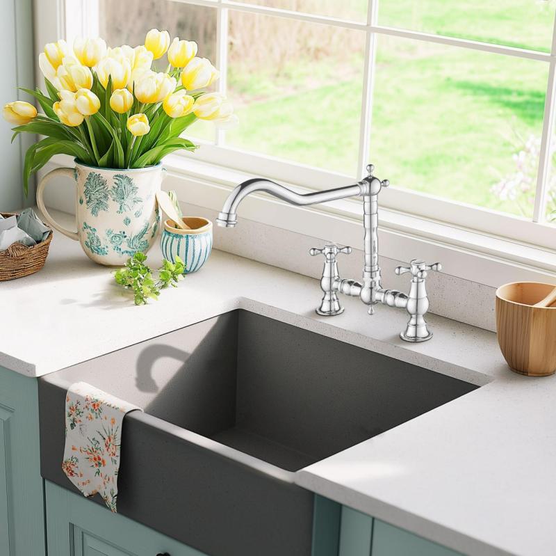 AquaTrimo Windsor Класически кухненски смесител с 2 отвора в носталгичен стил с винтидж чучур, хром 21WS7653CM