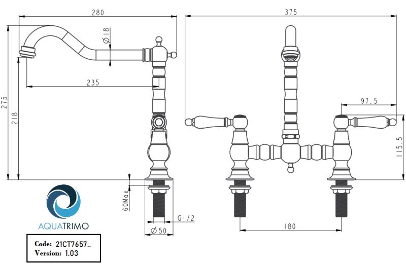 AquaTrimo Country Класически кухненски смесител с 2 отвора в носталгичен стил с винтидж чучур, хром 21CT7657CM