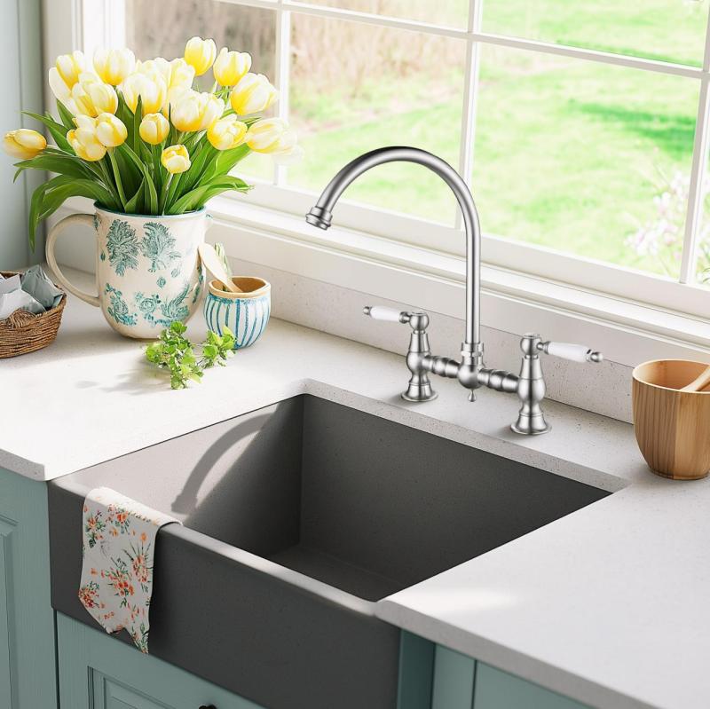 AquaTrimo Country Класически кухненски смесител с 2 отвора в носталгичен стил с кръгъл чучур, цвят неръждаема стомана 21CT7655NM