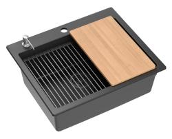 Quadri Durham гранитно черно мивка 595x500 с диспенсър за сапун, дъска за рязане, вложка и ролкова подложка 1208957904