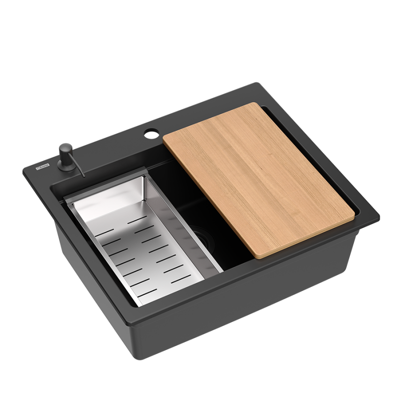 Quadri Durham гранитно черно мивка 595x500 с диспенсър за сапун, дъска за рязане, вложка и ролкова подложка 1208957904