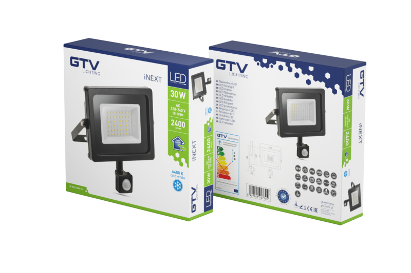 LED прожектор iNEXT с датчик за движение 30W 2400lm, PF>0,9, RA>80, IP65, 120°, 6400K, черен корпус 1208962860