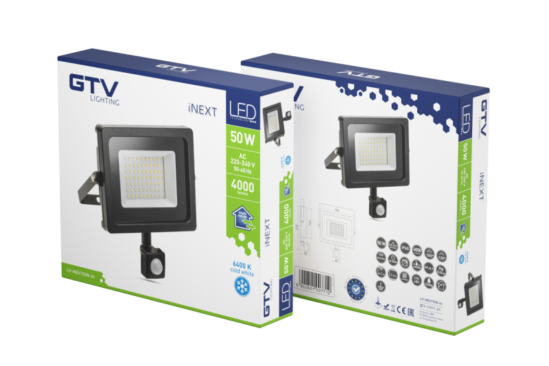 LED прожектор iNEXT с датчик за движение 50W 4000lm, PF>0,9, RA>80, IP65, 120°, 6400K, черно тяло 1208962862