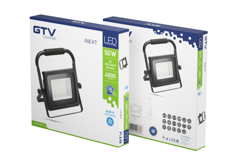 LED прожектор iNEXT (преносим) 50W 4000lm, PF>0,9, RA>80, IP65, 120°, 6400K, черен корпус 1208962863