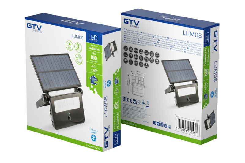 Соларен LED прожектор LUMOS, с датчик за движение, 10W, 850lm, 6400K, IP65, 120°, слънчев панел, 3г 1208962938