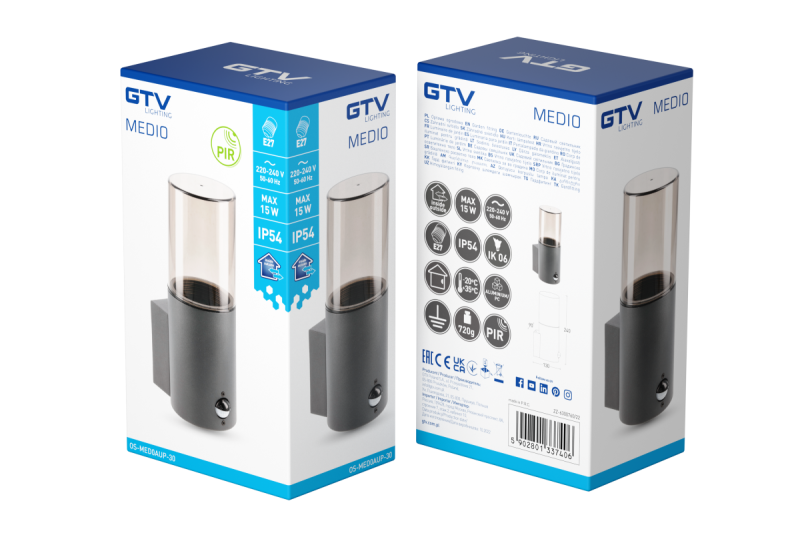 Decor Градинска лампа MEDIO-AU PIR E27 MAX.15W IP54 AC220-240V 50-60Hz графитна стенна лампа 1208963938