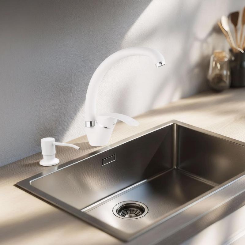 Quadri Комплект кухненски смесител в бяло с вграден диспенсър за сапун и регулируема кошница в бяло 1208966928