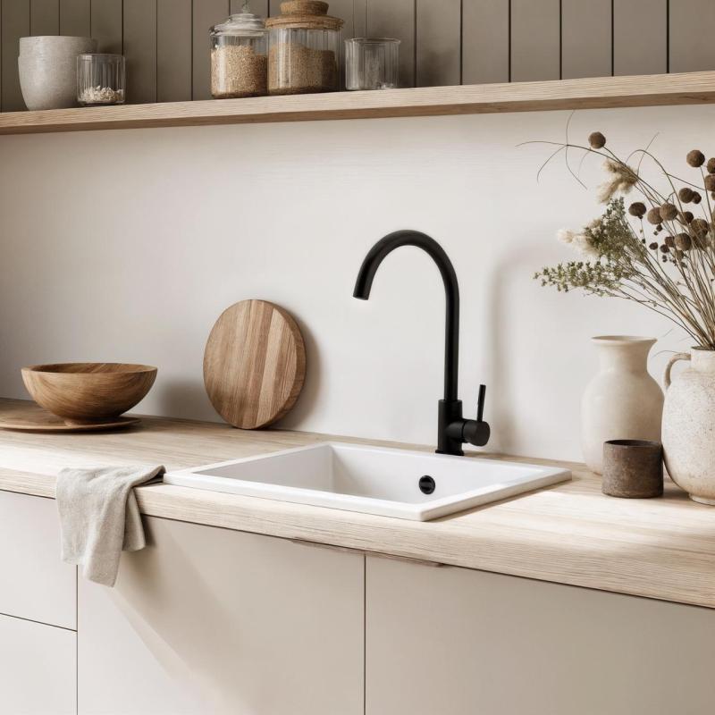 GraniteMy Универсална бяла мивка от гранит 34x40 см, монтаж под, над и на нивото на плота, с иноксова цедка 1208967107