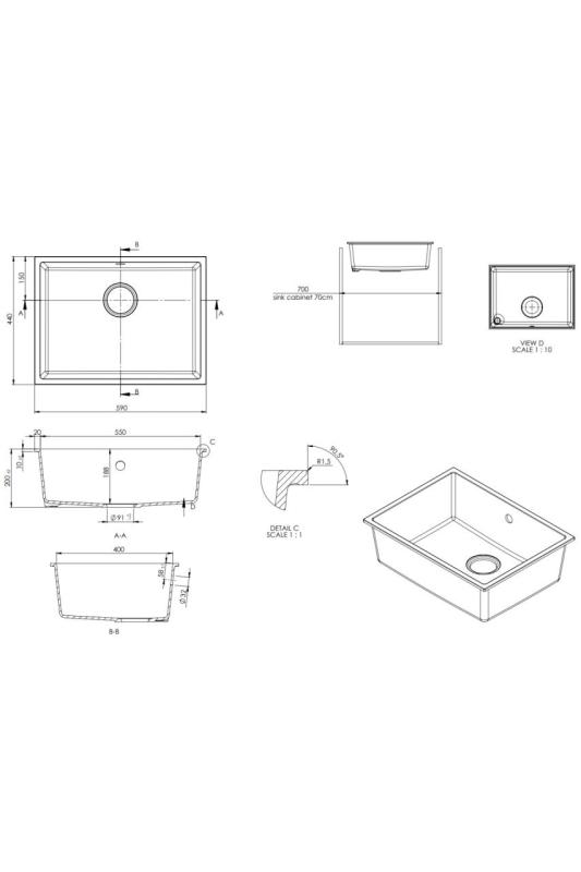 Гранитна мивка GraniteMy Universal, бяла, 55x40 см, бял, за вграждане, подмонтирване и нивелиране, с неръждаема тапа 1208967109