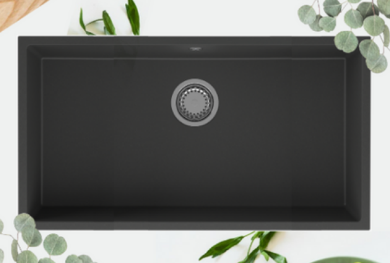 GraniteMy Универсална голяма черна мивка от гранит 74x40 cm, монтаж под, над и на нивото на плота, с иноксова цедка 1208967110