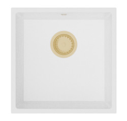 GraniteMy Универсална бяла мивка от гранит 40x40 cm, монтаж под, над и на нивото на плота, със златиста цедка 1208967127