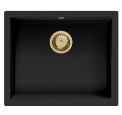GraniteMy Универсална черна мивка от гранит 50x40 cm,  монтаж под, над и на нивото на плота, със златиста цедка 1208967130