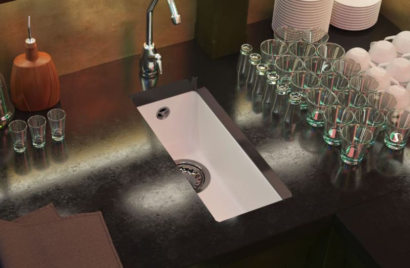 GraniteMy Универсална бяла мивка от гранит 17x40 cm,  монтаж под, над и на нивото на плота, с черна цедка 1208967136