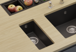 GraniteMy Универсална малка черна мивка от гранит 17x40 cm, монтаж под, над и на нивото на плоат, с медна цедка 1208967141