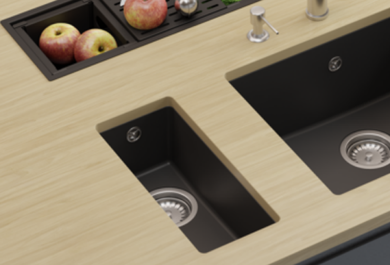 GraniteMy Универсална малка черна мивка от гранит 17x40 cm, монтаж под, над и на нивото на плота, със златиста цедка 1208967142