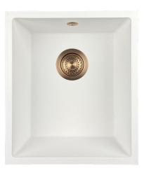 GraniteMy Универсална бяла мивка от гранит 34x40 cm, монтаж под, над и на нивото на плота, с медна цедка 1208967148