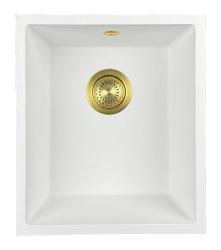 GraniteMy Универсална бяла мивка от гранит 34x40 cm, монтаж под, над и на нивото на плота, със златиста цедка  1208967149