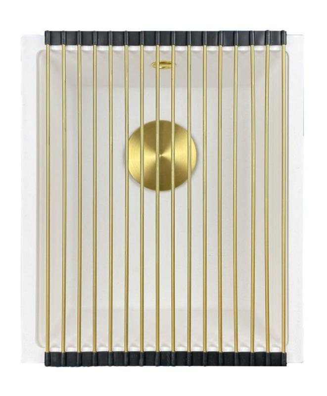 GraniteMy Универсална бяла мивка от гранит 34x40 cm, монтаж под, над и на нивото на плота, със златиста цедка  1208967149